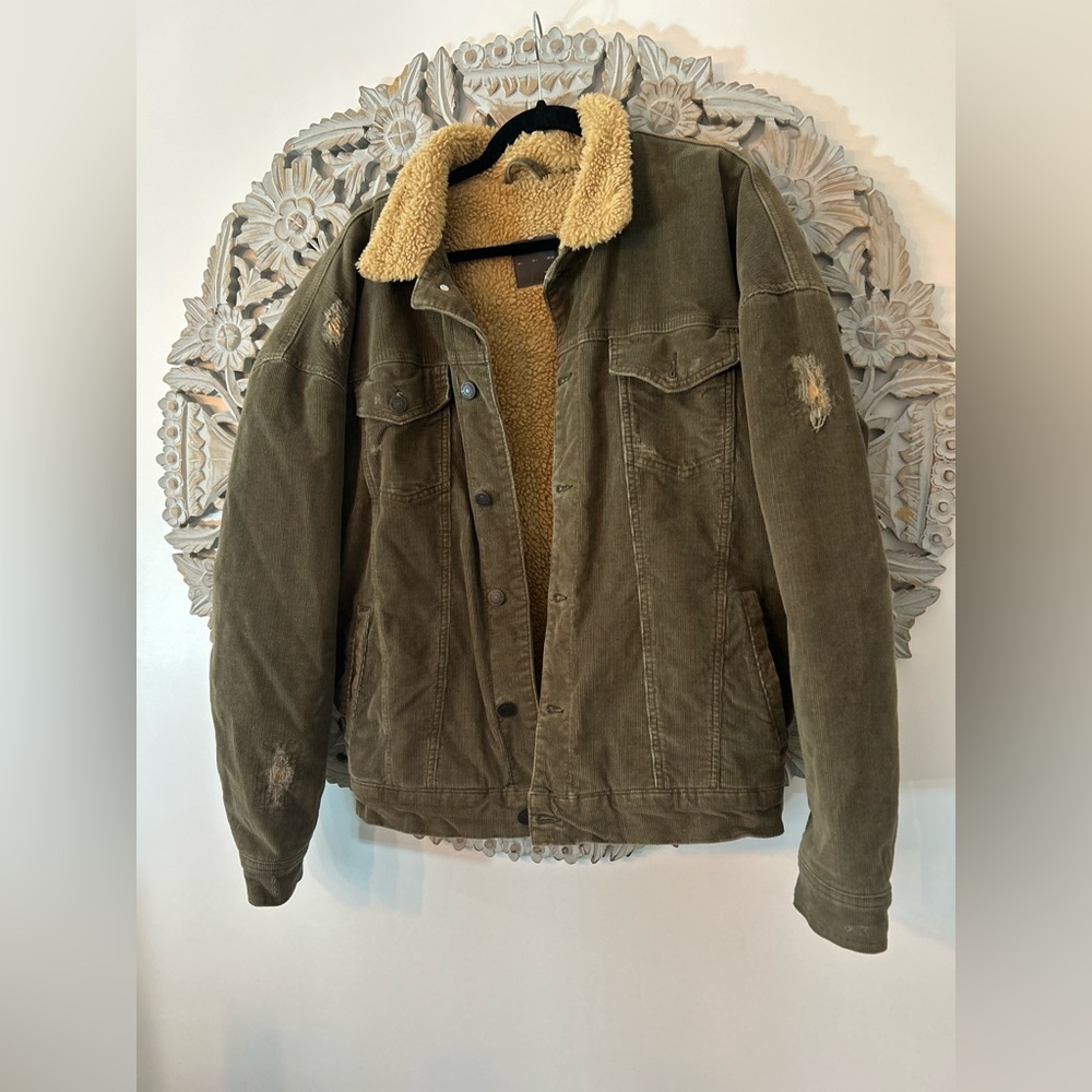 Zara Man Khaki Corduroy Sherpa Jacket Size Large Winter Or Fall Outerwear